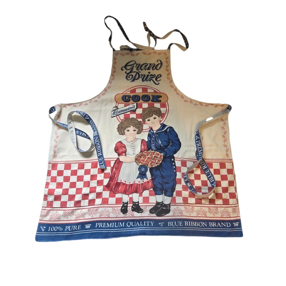 Vintage Muslin Apron Grand Prize Cook Pure-Premium Quality-Blue Ribbon Cotton